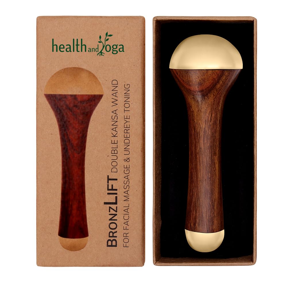 HealthAndYoga™ BronzLift Kansa Wand - Both Side Bronze Cap - Added Beauty Face Oil Vial - Ayurveda Face Yoga Beauty Tool - Facial Neck & Under-Eye Massage – Toning and Sculpting (Double Dome)